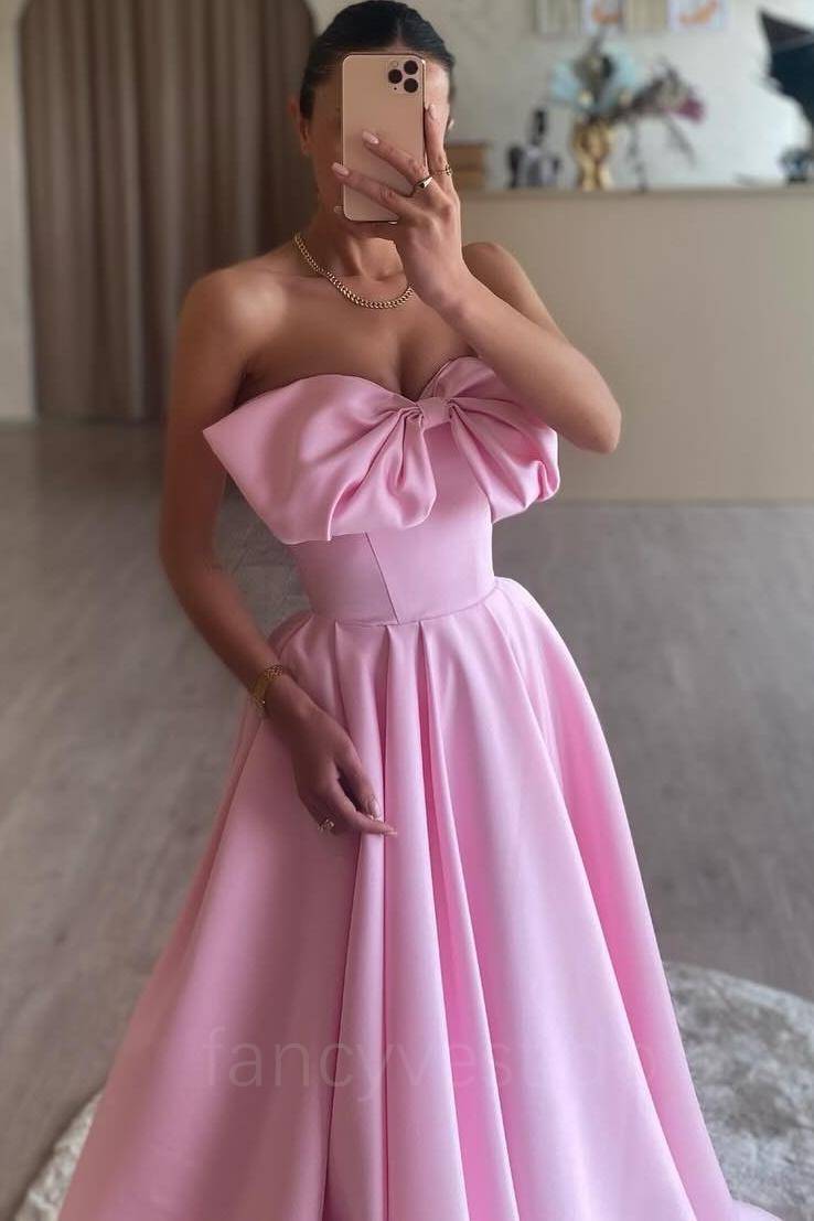 Elegant StraplessPink A-Line Mermaid Prom Dress with Bow