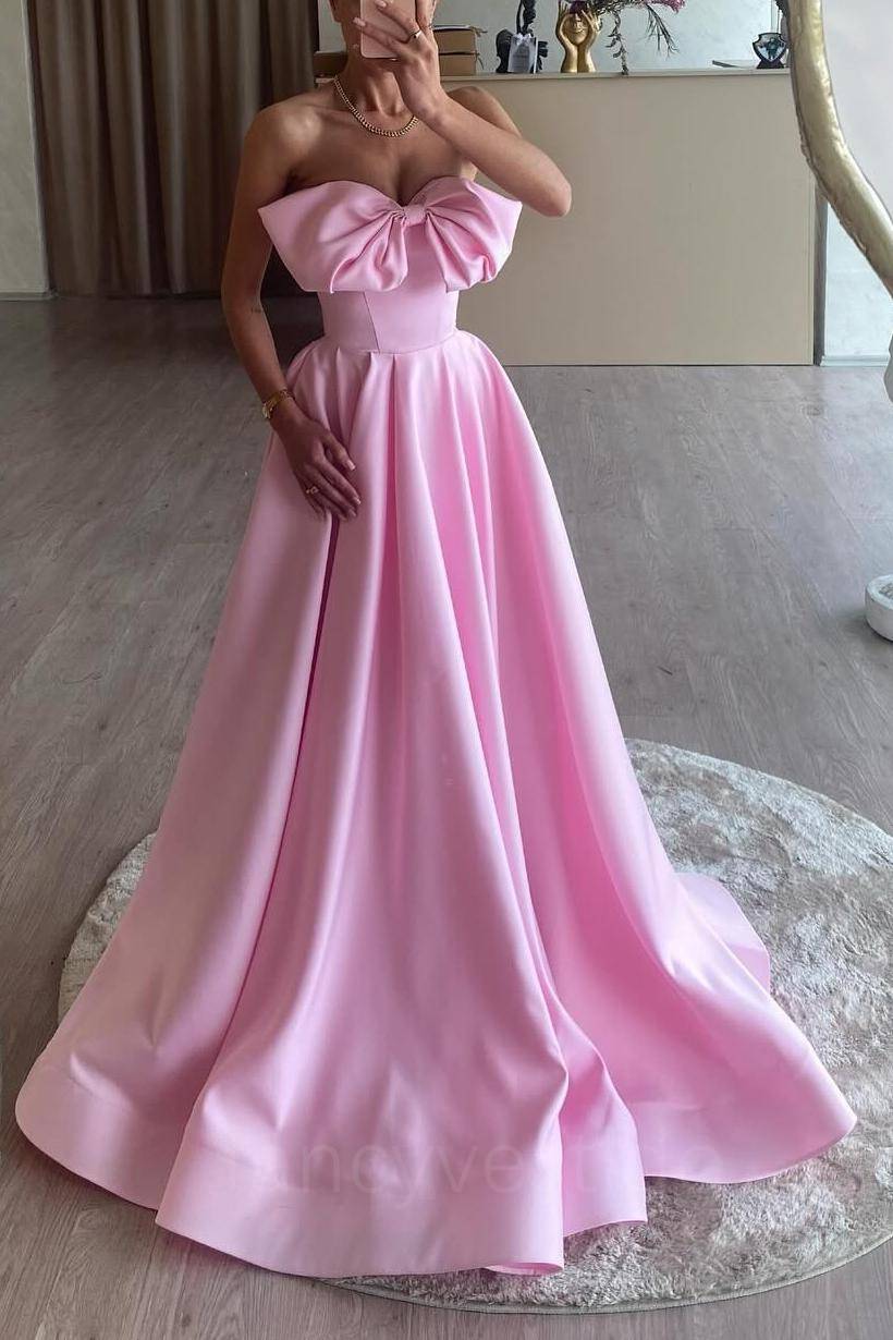 Elegant StraplessPink A-Line Mermaid Prom Dress with Bow