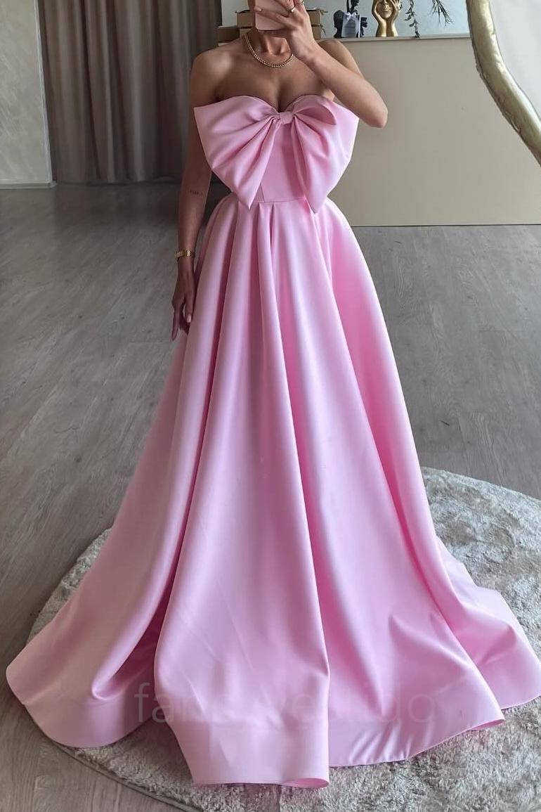 Elegant StraplessPink A-Line Mermaid Prom Dress with Bow