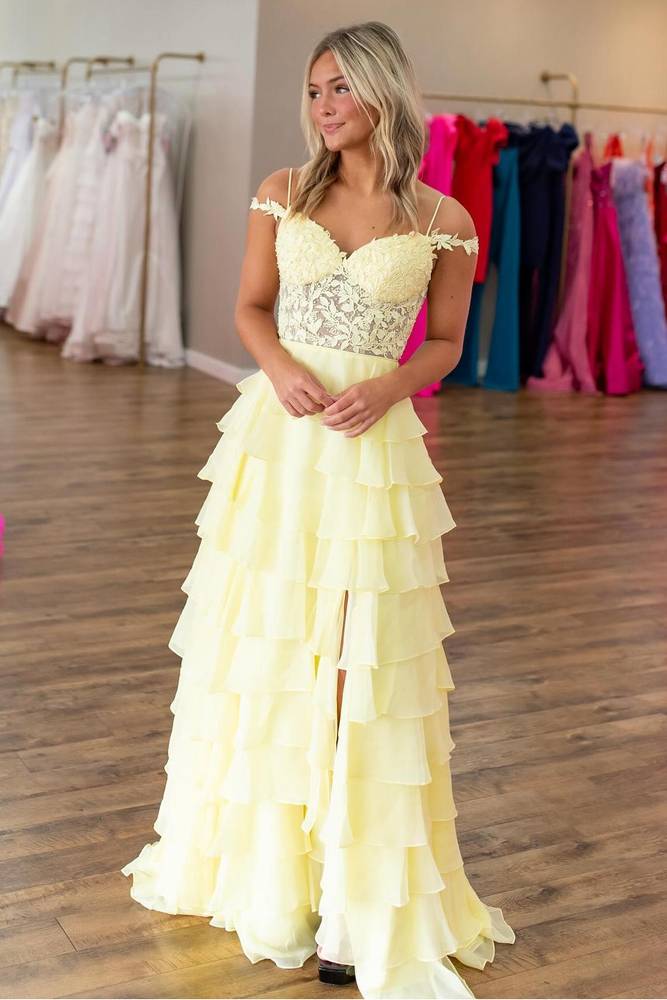 Yellow Sweetheart Applique Ruffle Prom Dress with Slit