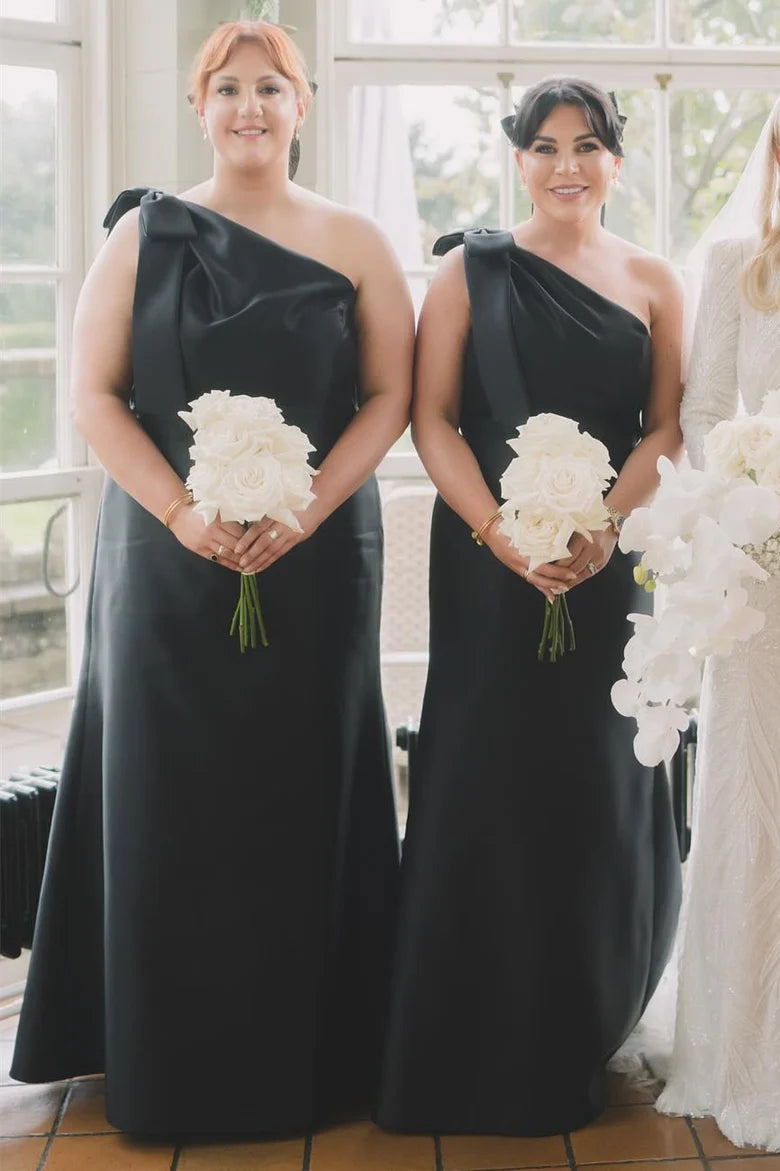 Black One Shoulder Satin Bridesmaid Dresses with Bow