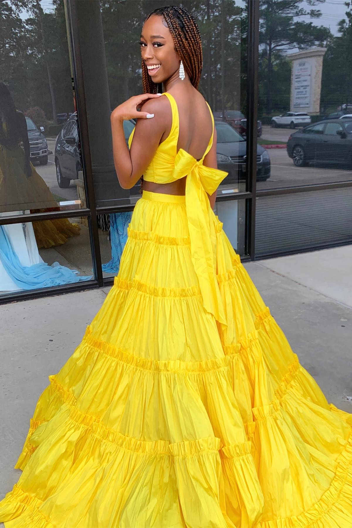 Yellow V Neck Ruffle A Line Two Piece Prom Dress FancyVestido