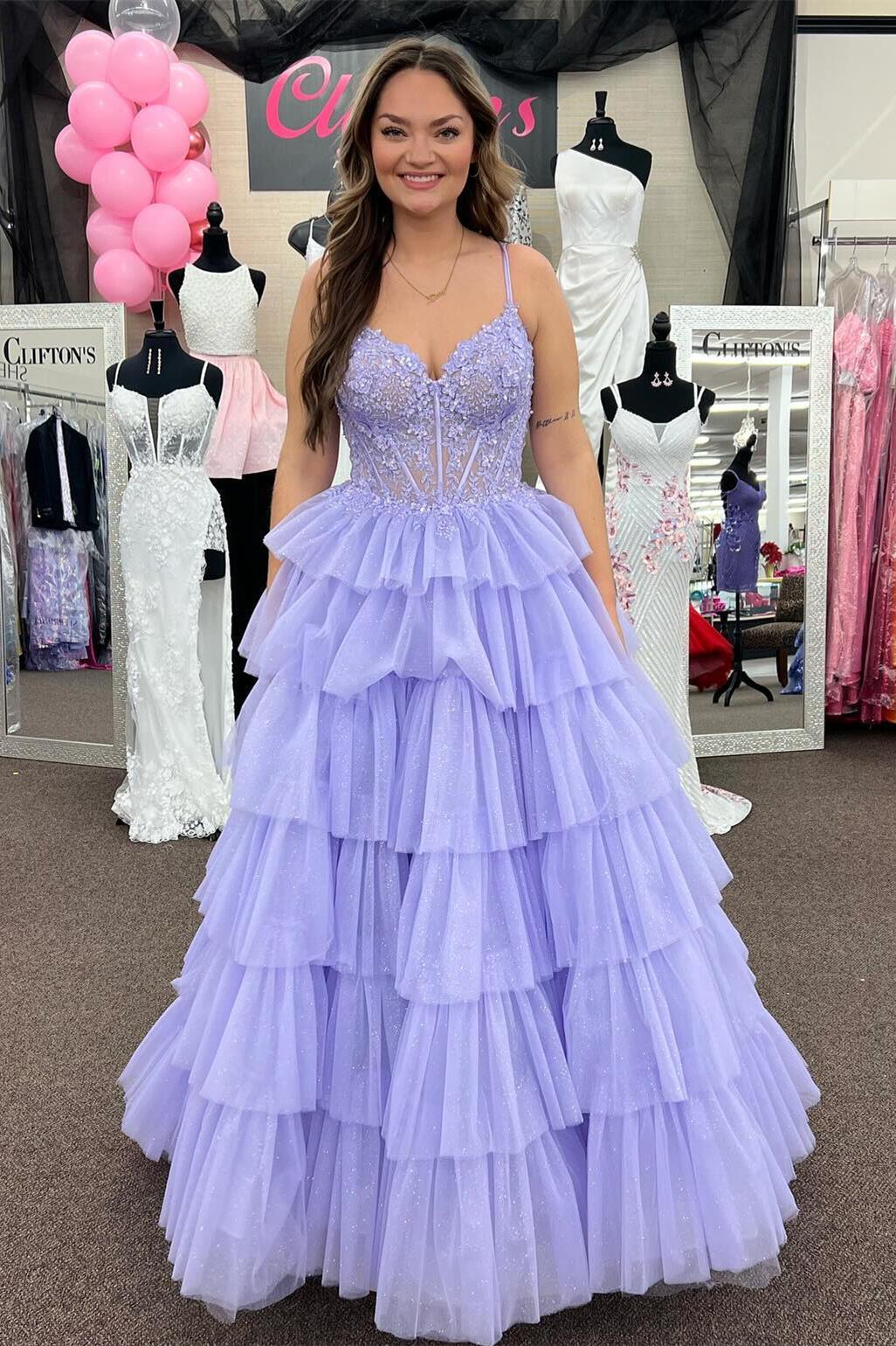 Periwinkle Double Straps Lace Corset Layered Prom Dress