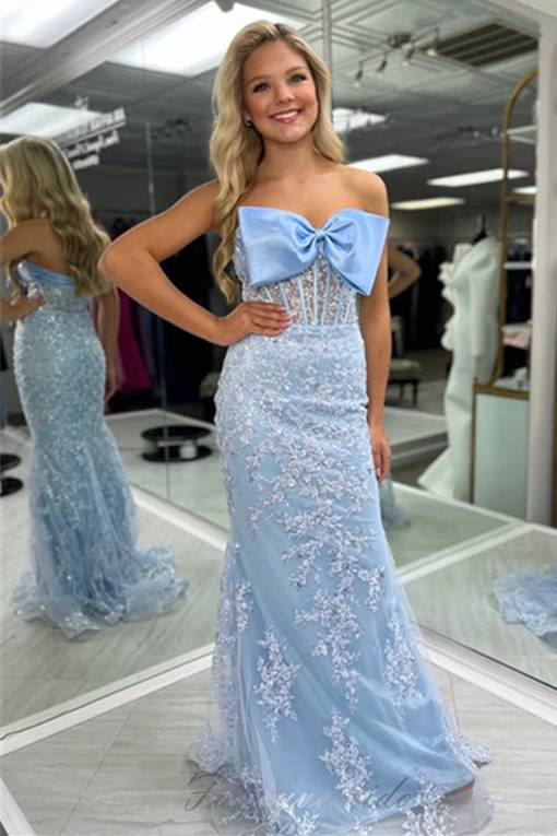 Strapless Blue Applique Mermaid Prom Dress with Bow