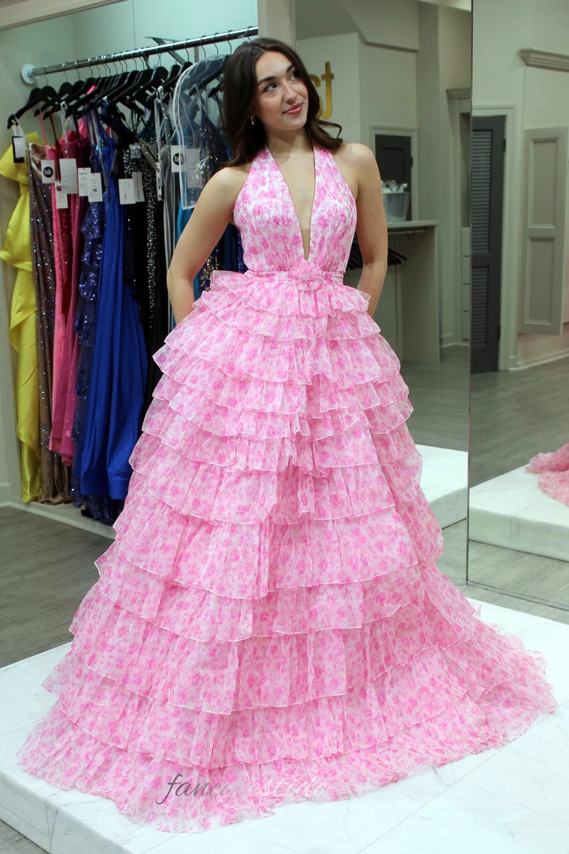 Halter Pink Floral Print Layered A-Line Ruffle Prom Dress