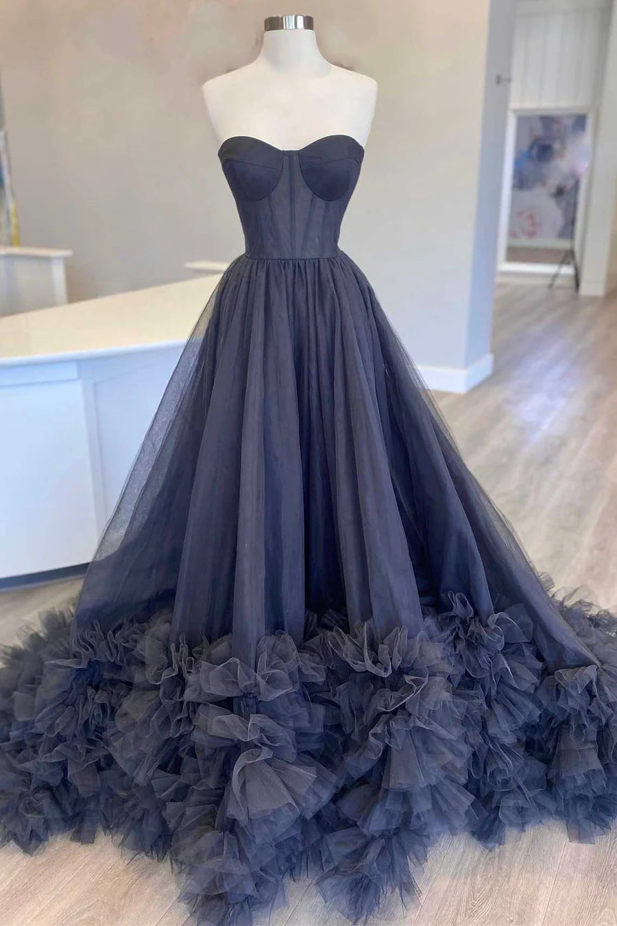 Black Strapless Layered A-Line Long Prom Dress