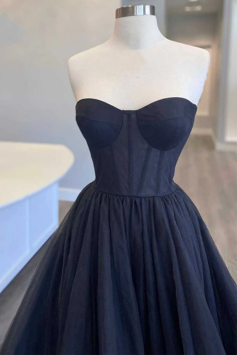 Black Strapless Layered A-Line Long Prom Dress