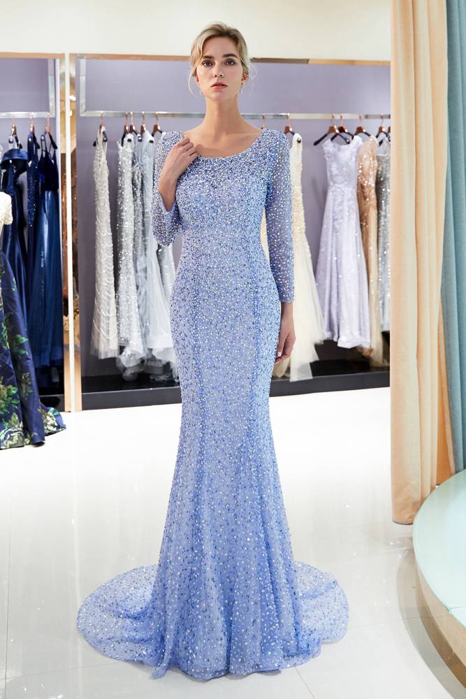 FancyVestido Long Sleeves Sequined Open Back Mermaid Periwinkle Blue Evening Dress US 6 Periwinkle Blue