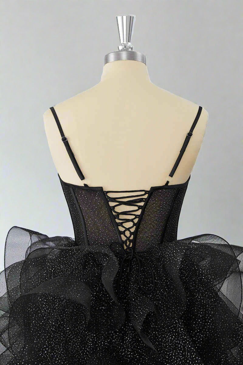 Black Straps A-Line Ruffle Homecoming Dress Close Up Back Shot