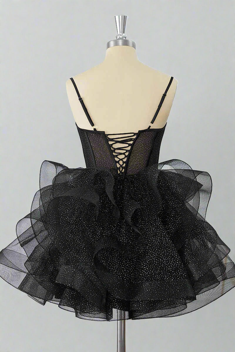 Black Straps A-Line Ruffle Homecoming Dress Full Back Shot
