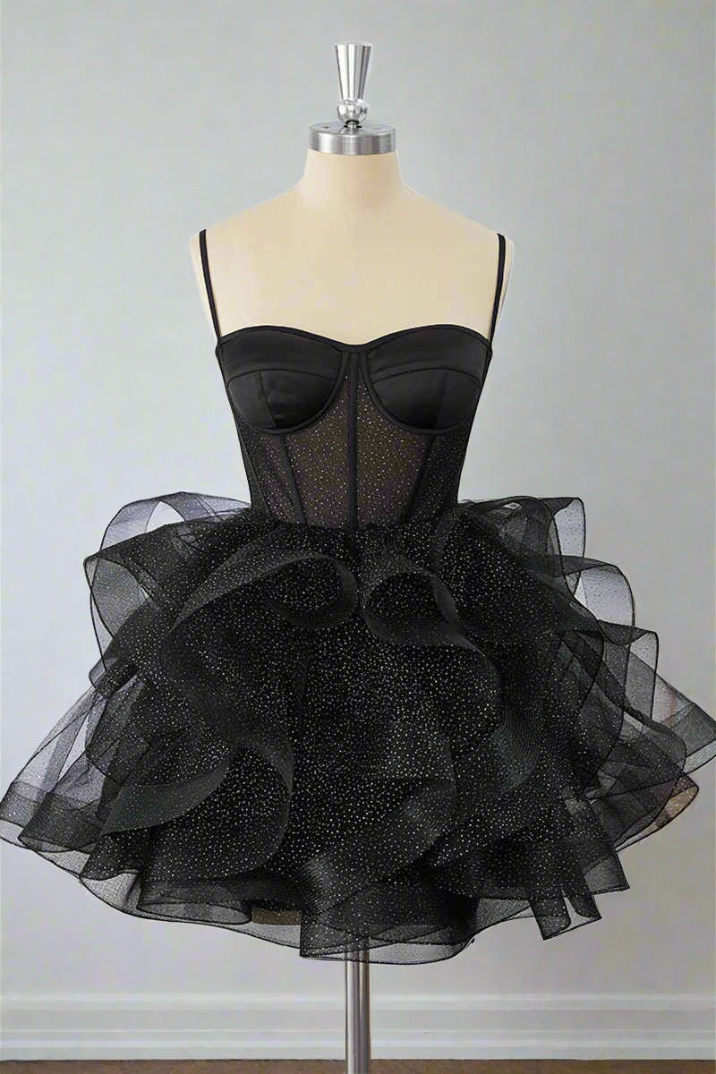 Black Straps A-Line Ruffle Homecoming Dress Full Front Shot