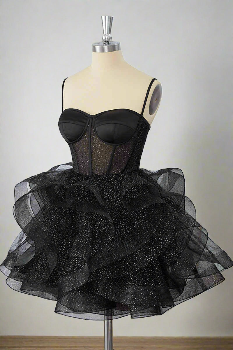 Black Straps A-Line Ruffle Homecoming Dress Side Shot