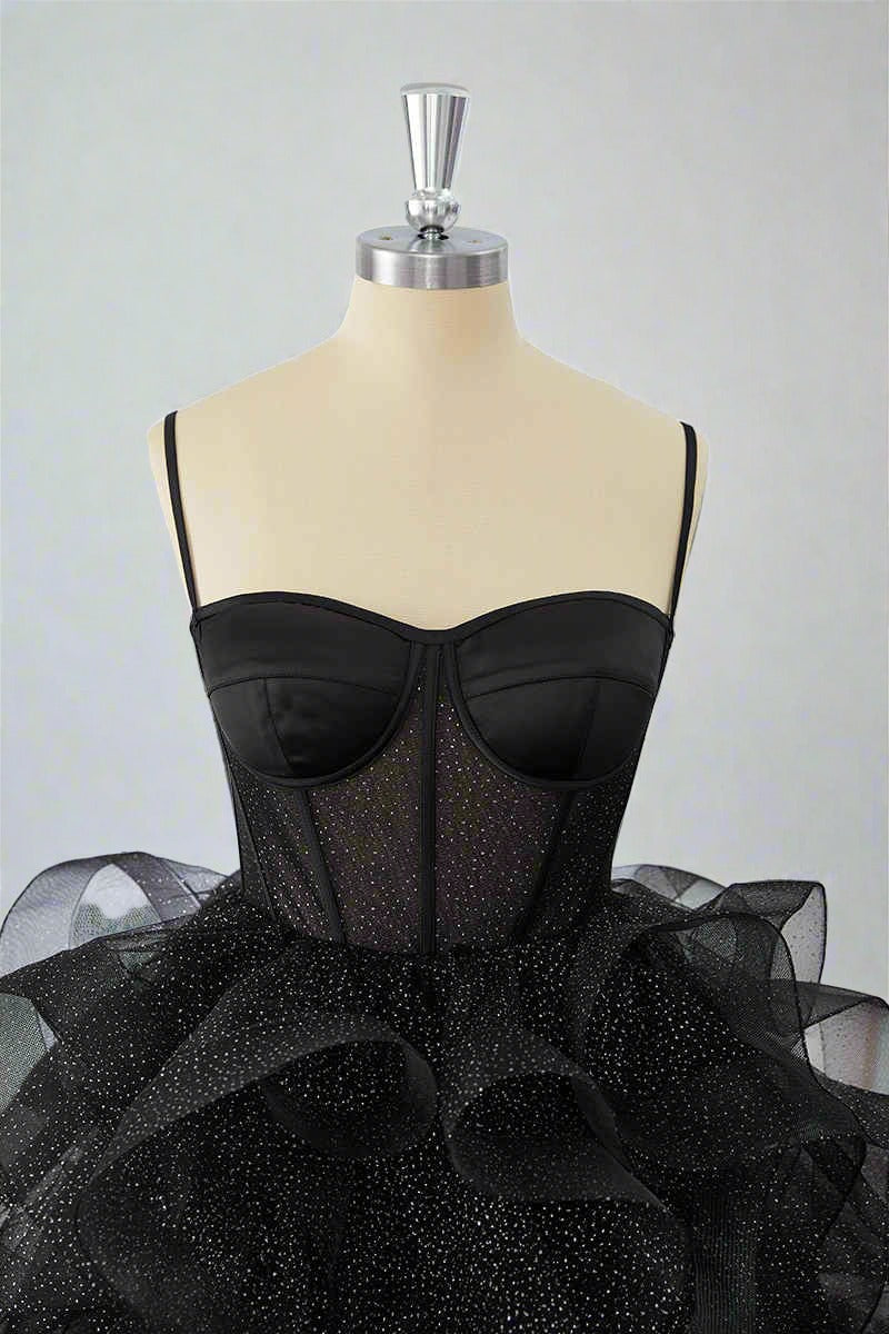 Black Straps A-Line Ruffle Homecoming Dress front Shot