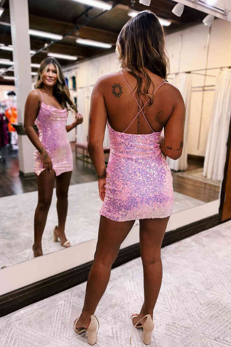 Cowl Neck Pink Sequin Mini Dress with slit Full Back Shot