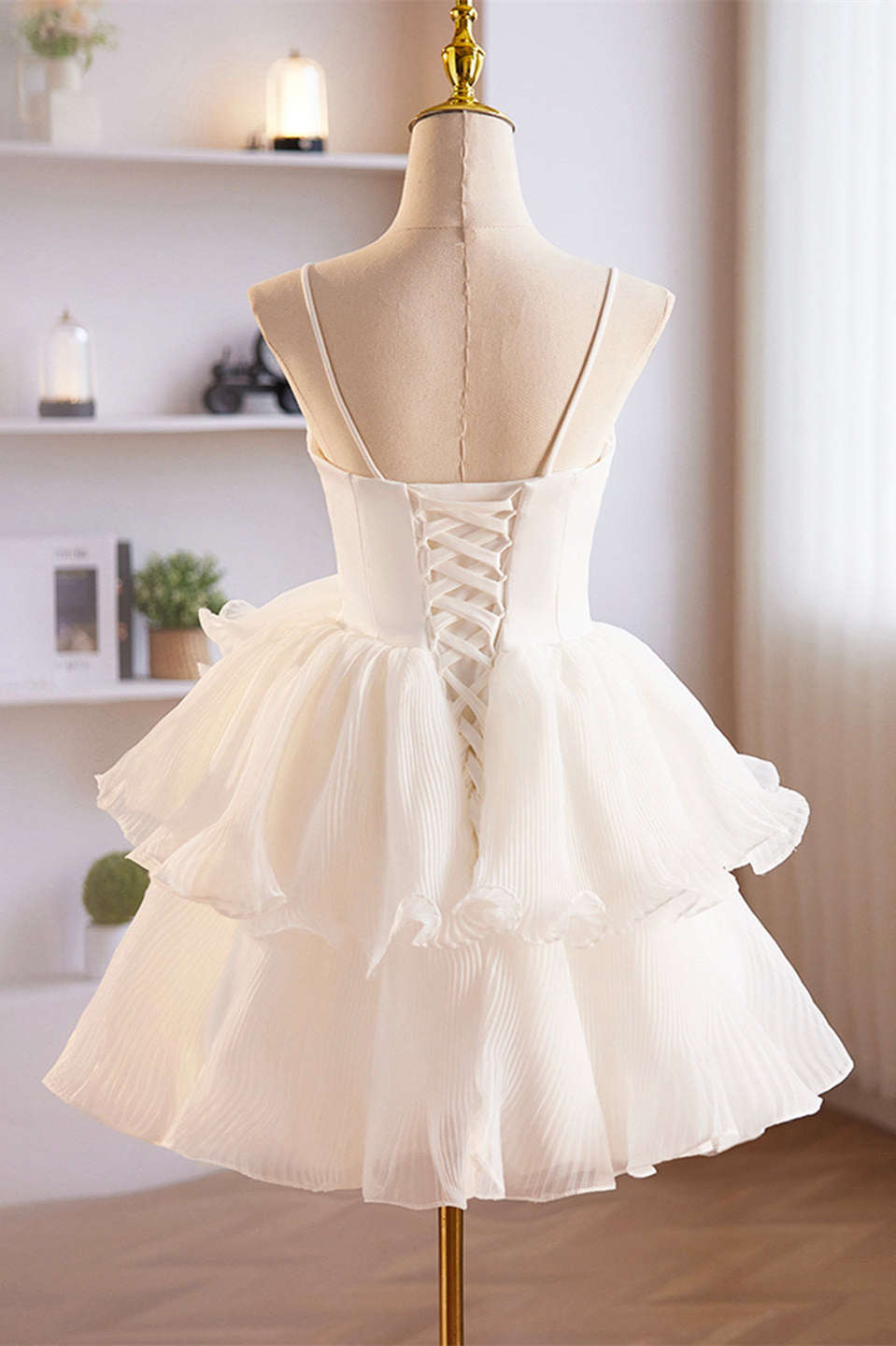 Cute A-Line White Ruffle Short Homecoming Dress Back Shot