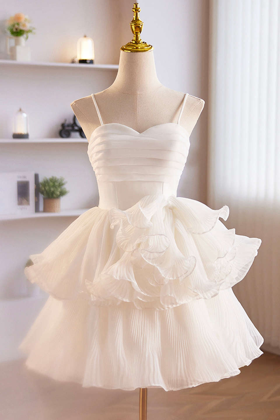 Cute A-Line White Ruffle Short Homecoming Dress Front Shot