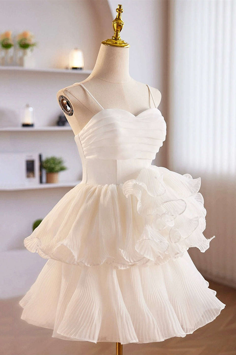 Cute A-Line White Ruffle Short Homecoming Dress Side Shot