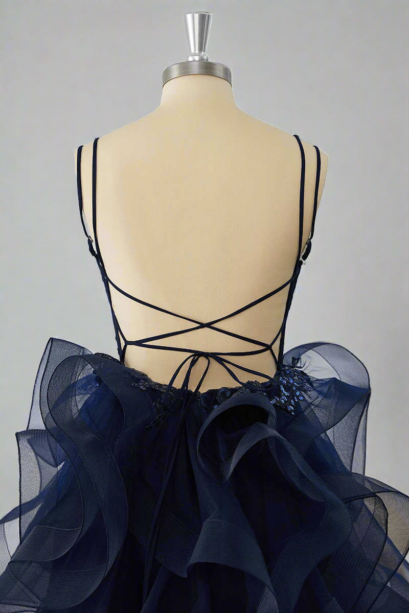 Double Straps Navy Sequin Ruffle Tiered Homecoming Dress Close Up Back Shot