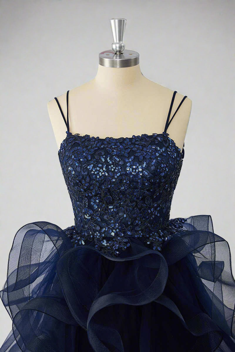 Double Straps Navy Sequin Ruffle Tiered Homecoming Dress Front Shot