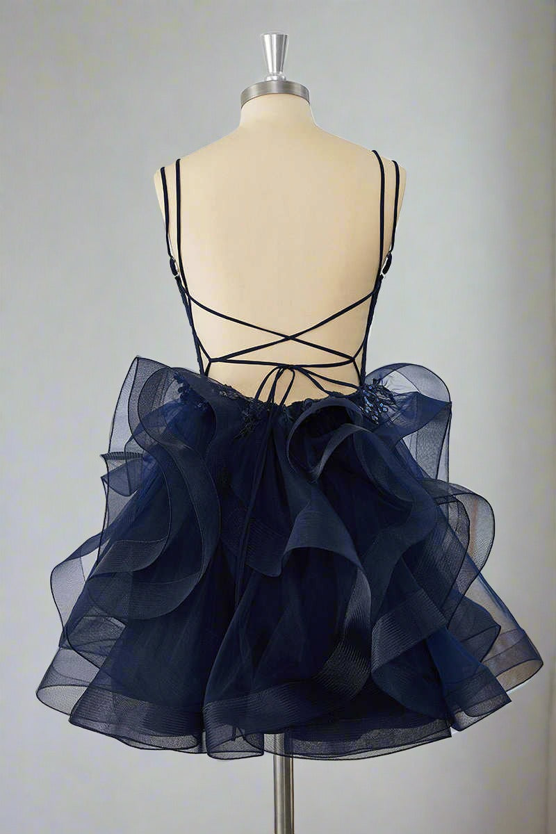 Double Straps Navy Sequin Ruffle Tiered Homecoming Dress Full Back Shot
