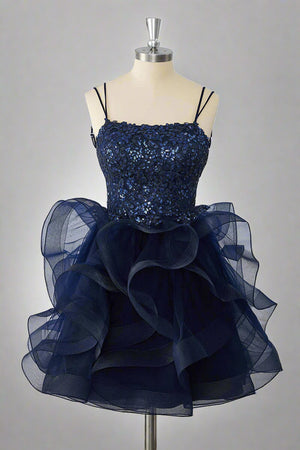 Double Straps Navy Sequin Ruffle Tiered Homecoming Dress Full Shot