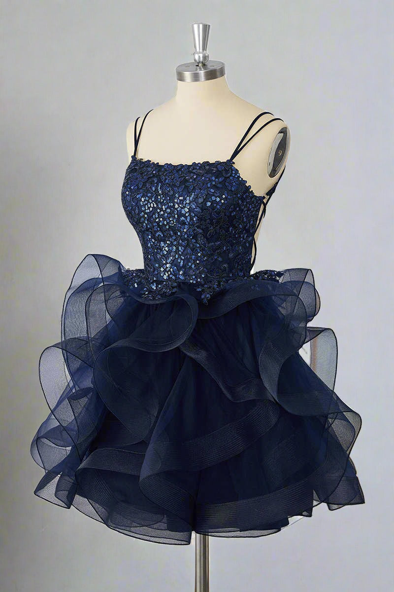 Double Straps Navy Sequin Ruffle Tiered Homecoming Dress Full Side Shot