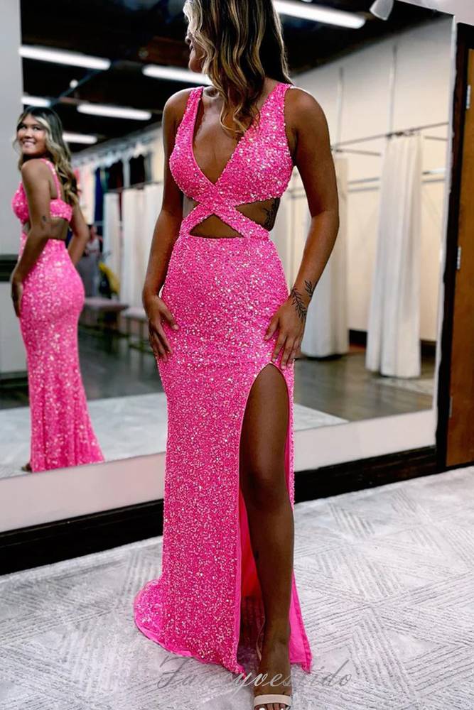 V-Neck Hot Pink Sequined Prom Dress with Slit