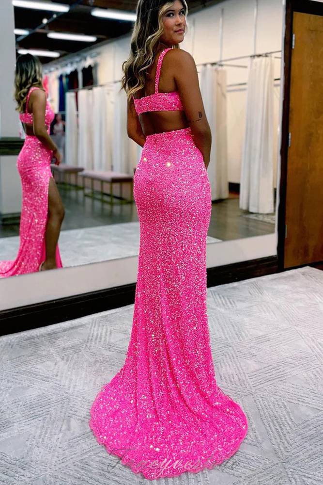 V-Neck Hot Pink Sequined Prom Dress with Slit