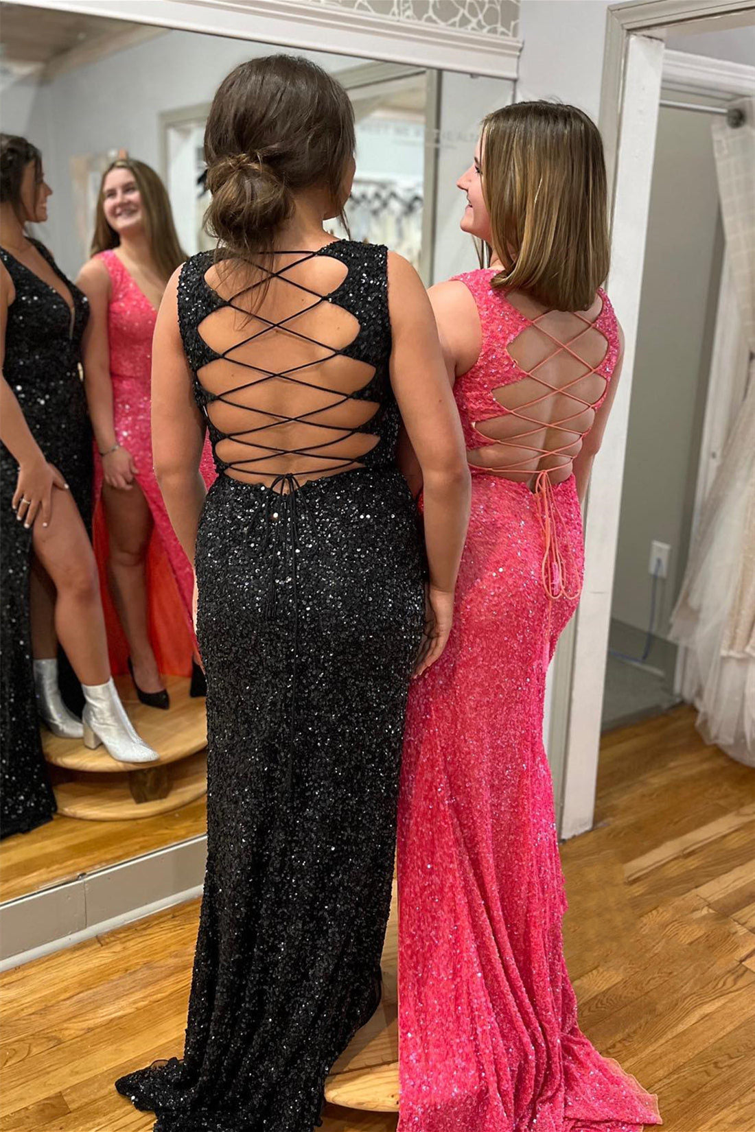 V Neck Fitted Lace Up Back Sequins Long Prom Dress with Slit