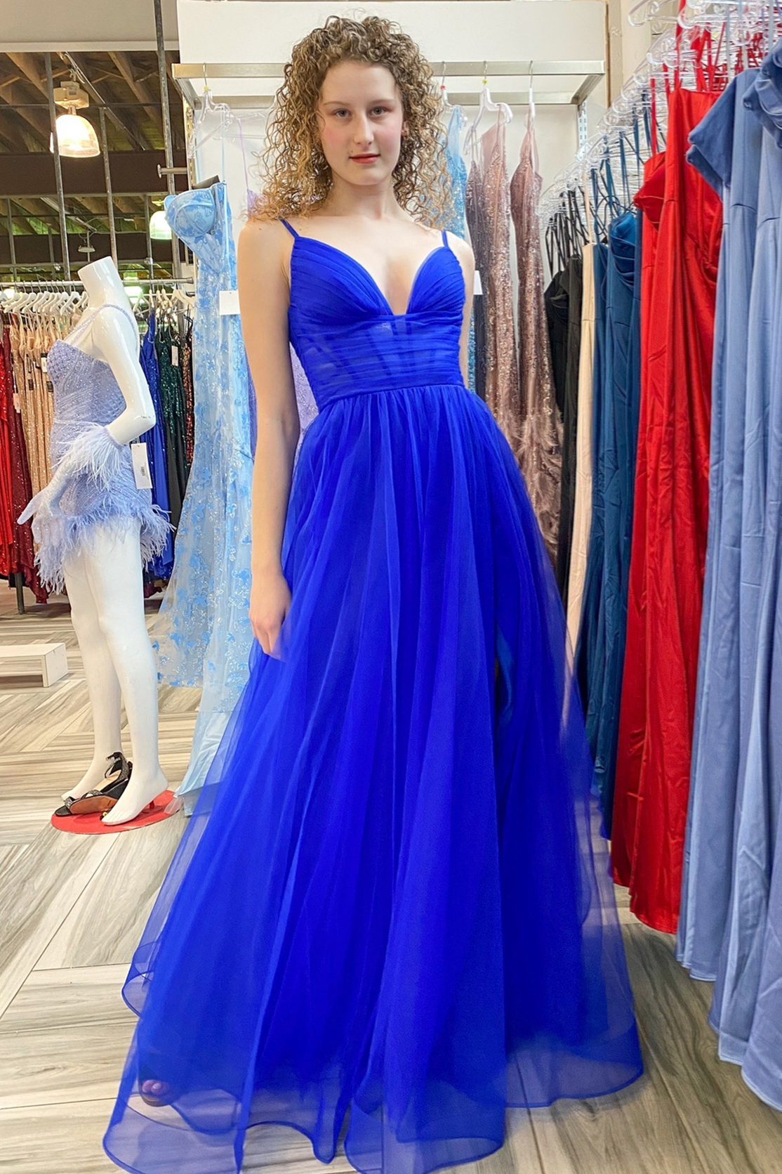 Royal Blue Tulle Plunging V Strapes Long Prom Dress