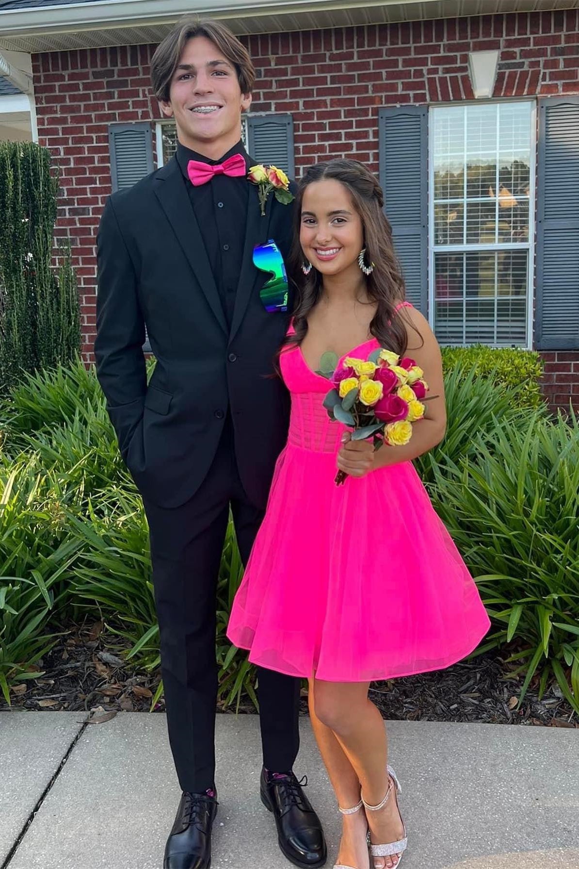 Hot pink and black prom dress best sale