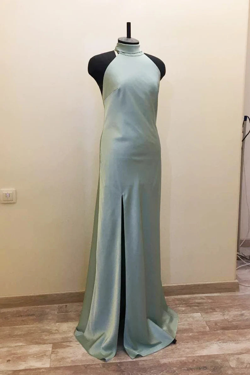 Long Satin Draped Sage Green Halter Bridesmaid Dress