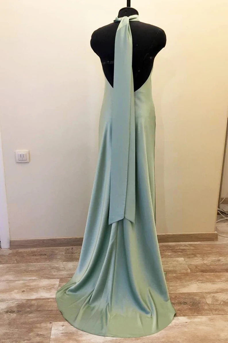 Long Satin Draped Sage Green Halter Bridesmaid Dress – FancyVestido