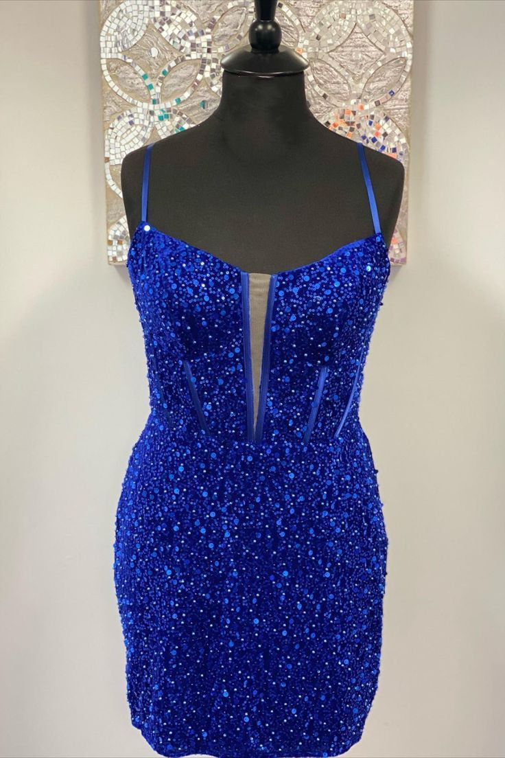 Straps Royal Blue Sequins Bodycon Homecoming Dress – FancyVestido