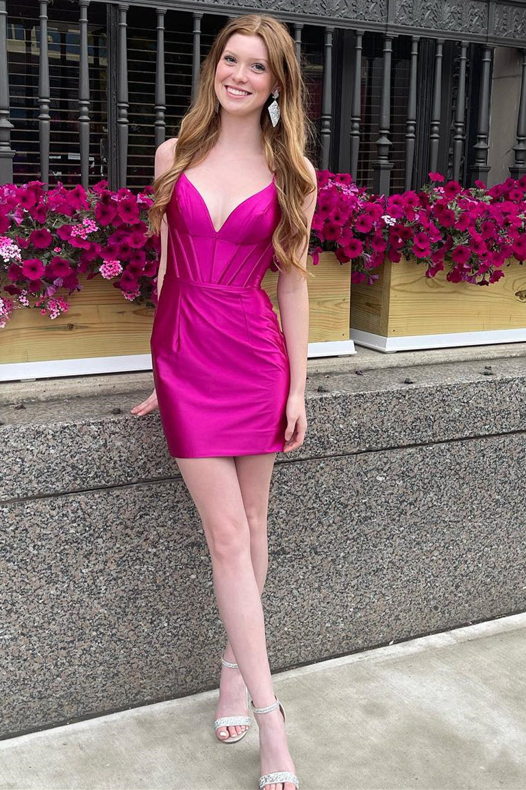 Bodycon Fuchsia V Neck Corset Satin Homecoming Dress Fuchsia US 14