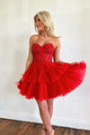 Sweetheart Red Lace Corset Tiered Short Homecoming Dress – FancyVestido