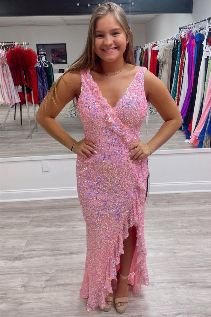 Iridescent Pink Ruffled V-Neck Sequin Long Party Dress