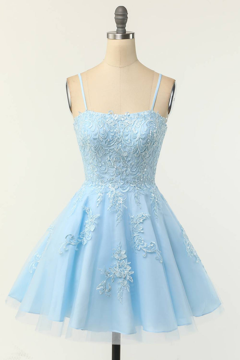 Light Blue Straps Sheer Corset Short Homecoming Dress with Appliques –  FancyVestido