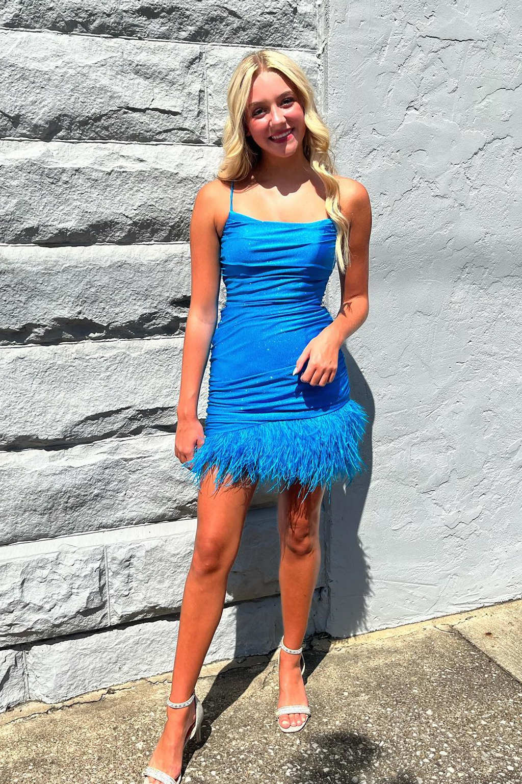 FancyVestido Straps Periwinkle Ruched Tight Homecoming Dress with Feathers Blue Custom Size