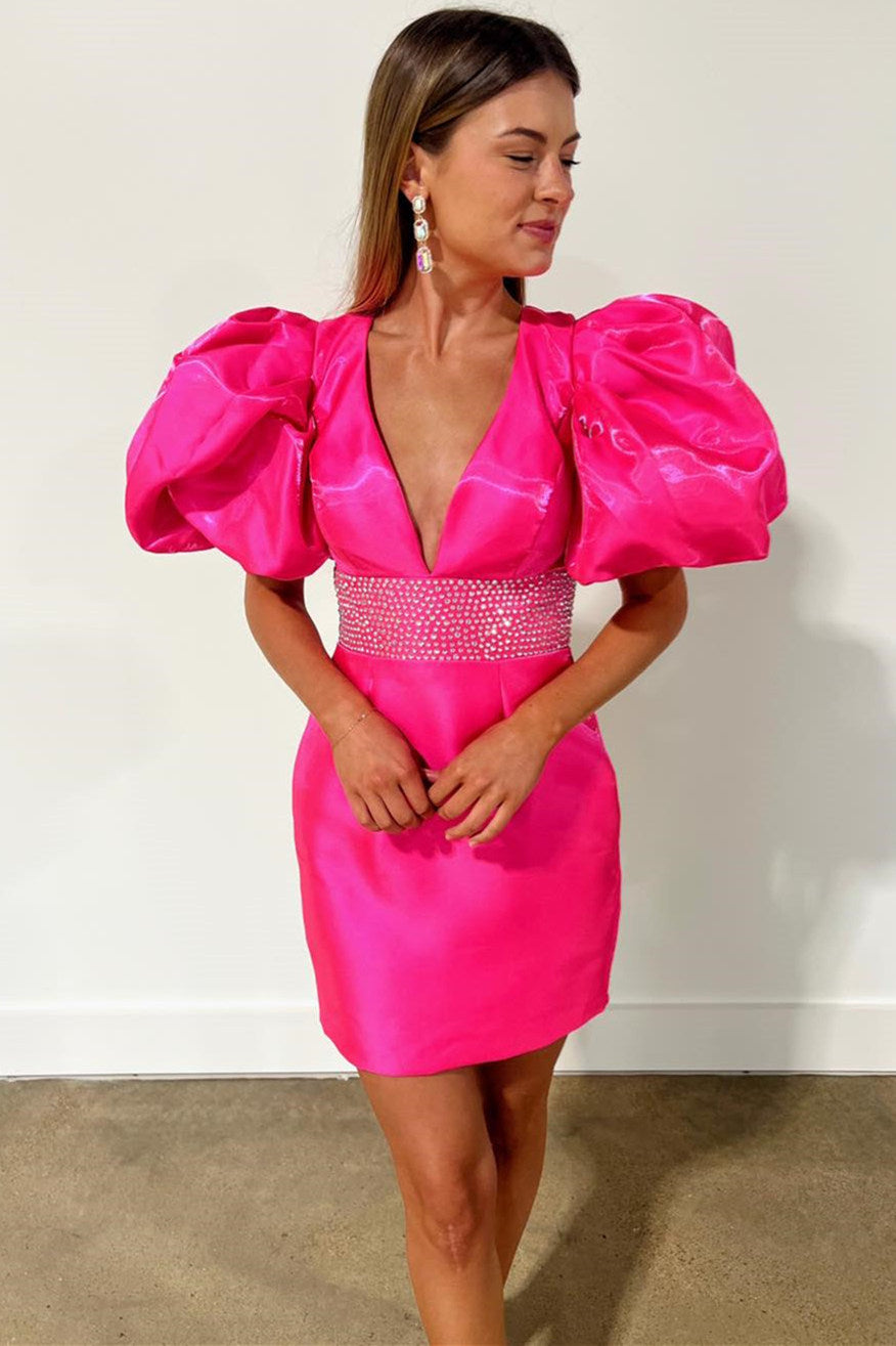 FancyVestido Neon Pink Plunging Neck Balloon Sleeves Bodycon Homecoming Dress Neon Pink US 16