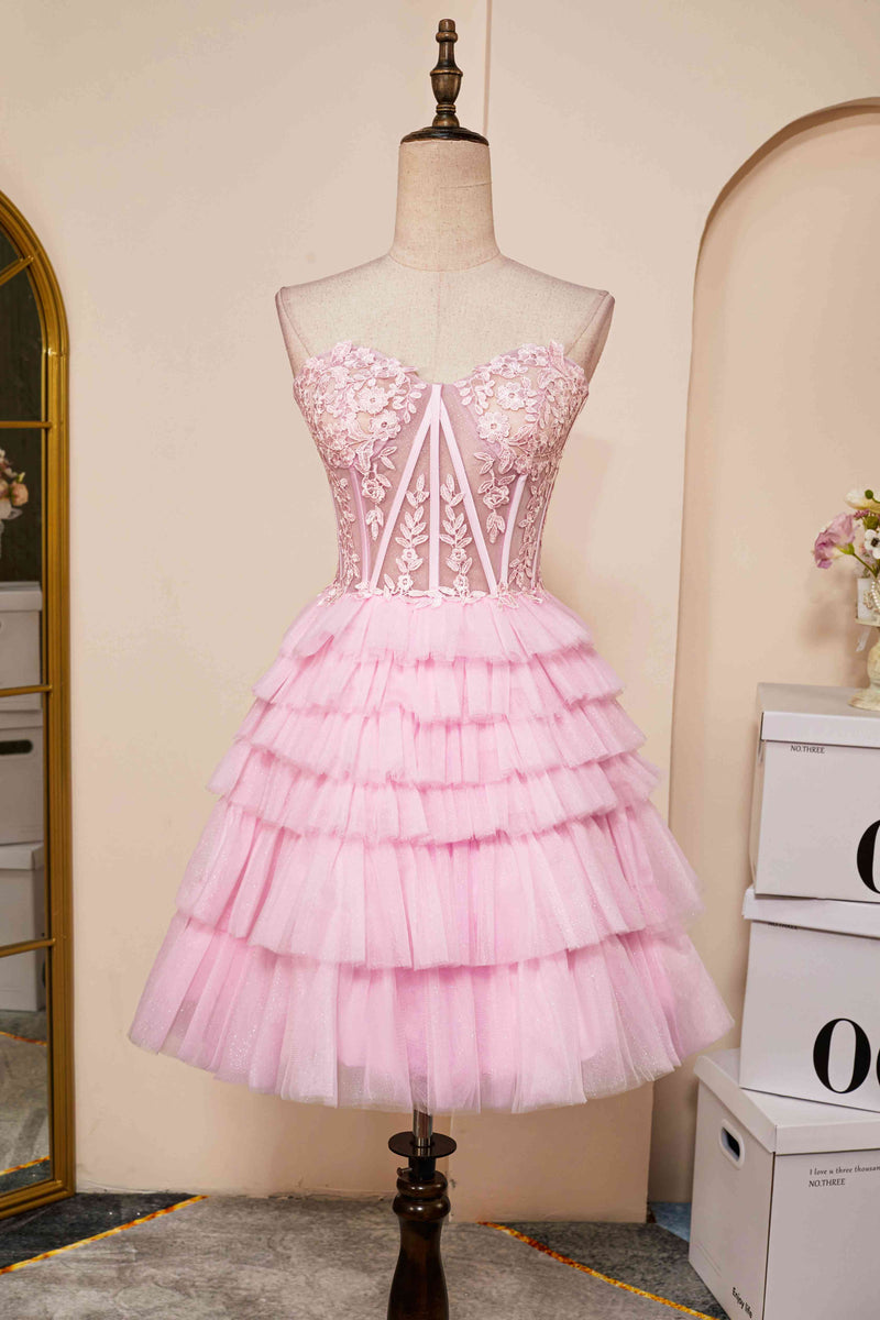 Sweetheart Pink Lace Corset Tiered Short Homecoming Dress – FancyVestido