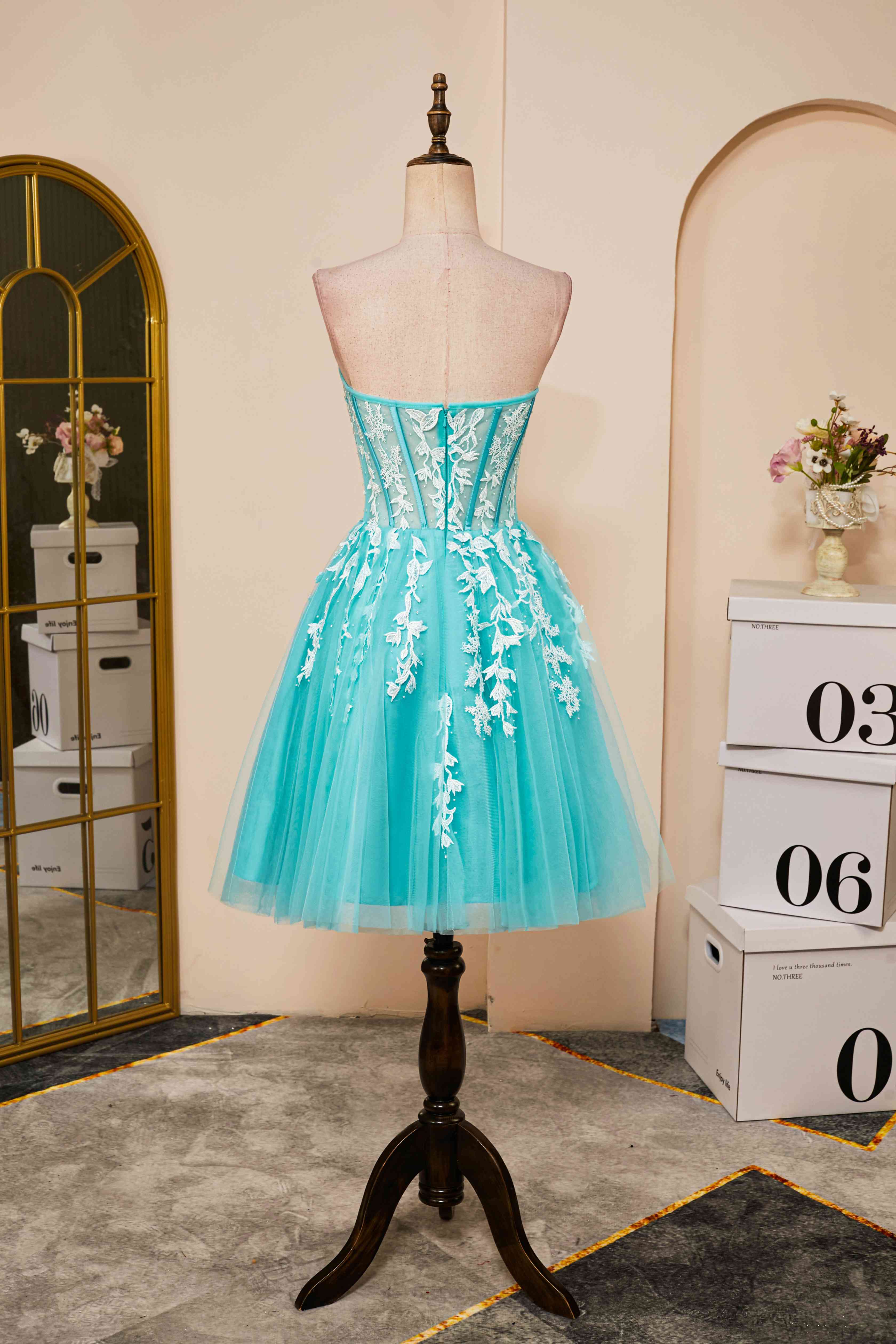 Aqua Blue Strapless A Line Short Homecoming Dress with Appliques