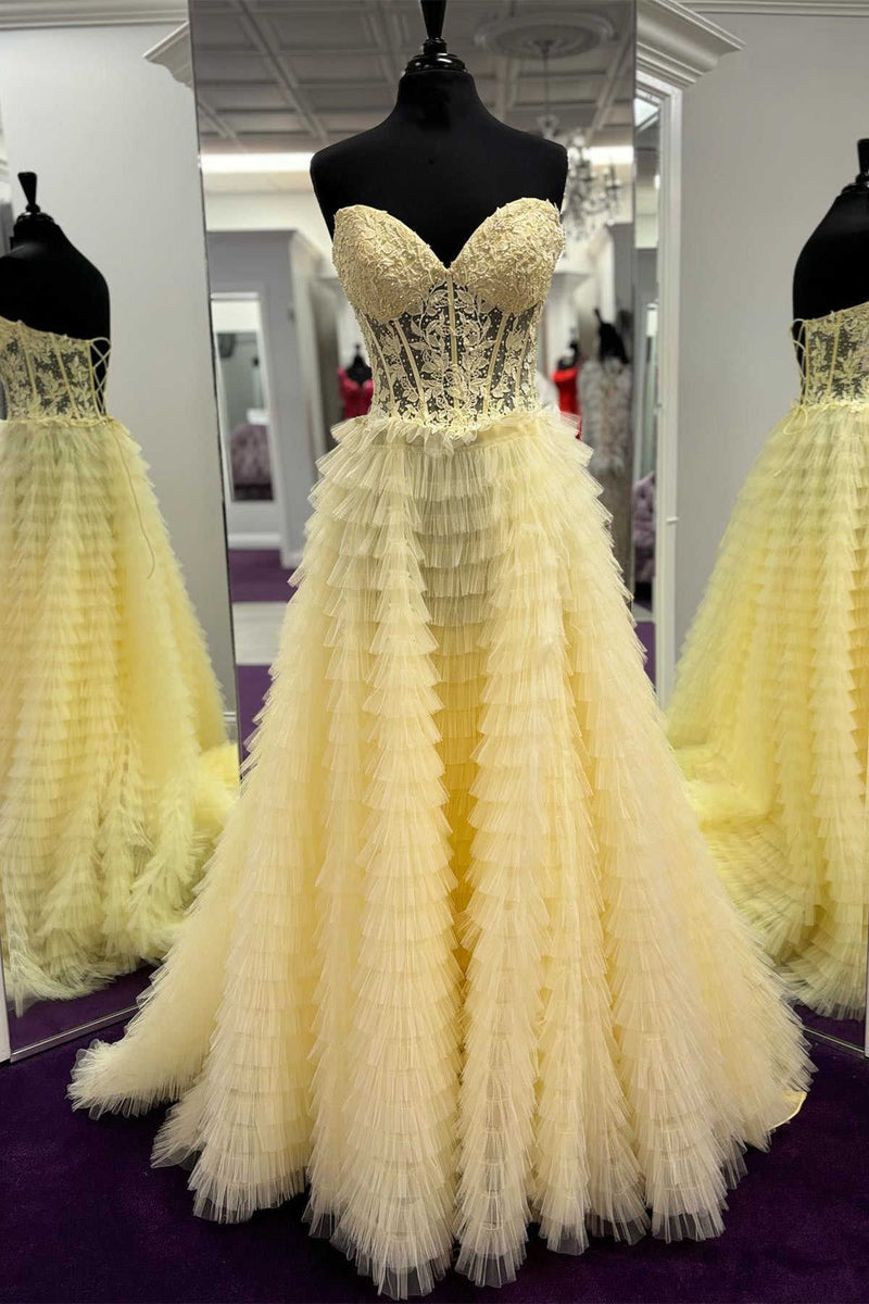 Sweetheart Yellow Lace Corset Tiered Tulle Prom Dress – FancyVestido