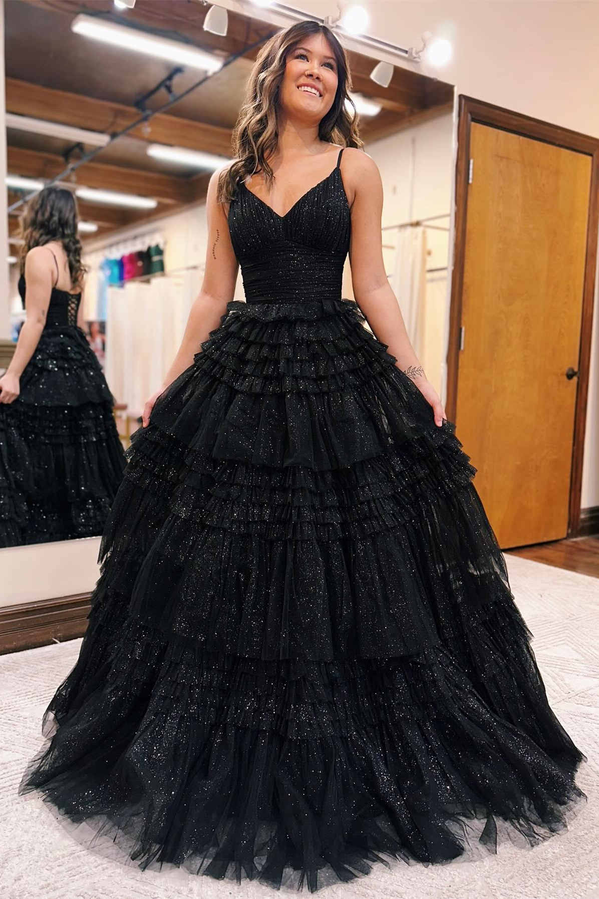 Straps Black V Neck Pleated Tiered Long Prom Dress