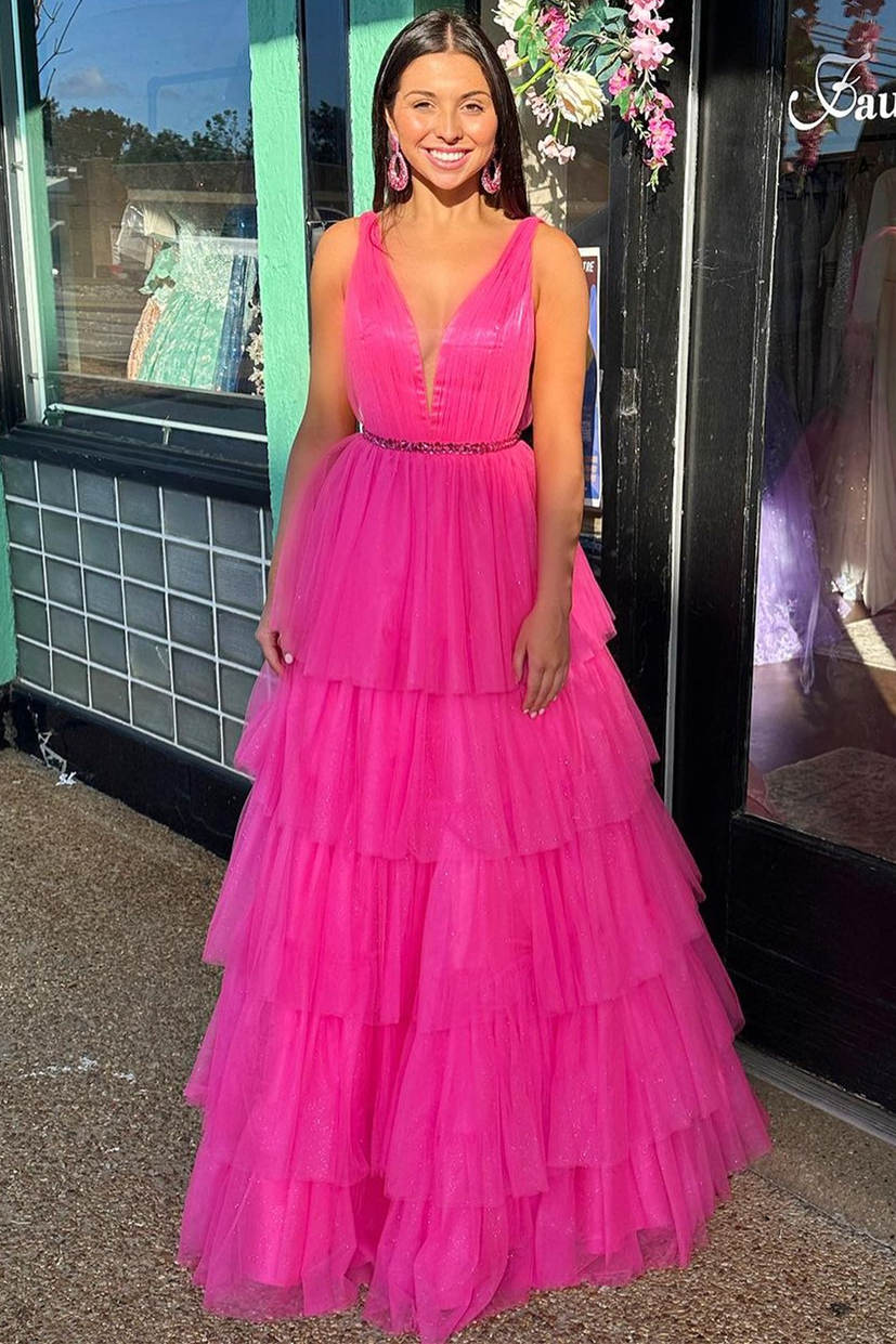 V-Neck Hot Pink Beaded Waist Tulle Long Prom Dress – FancyVestido