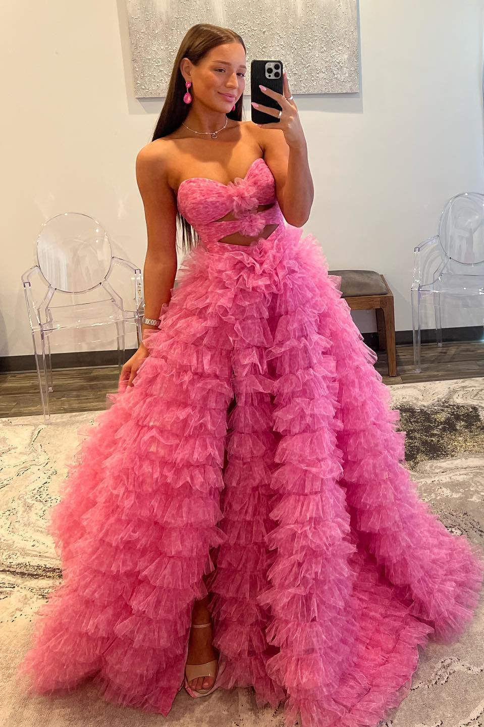 Strapless Hot Pink Keyhole Print Ruffle Tiered Prom Dress – FancyVestido