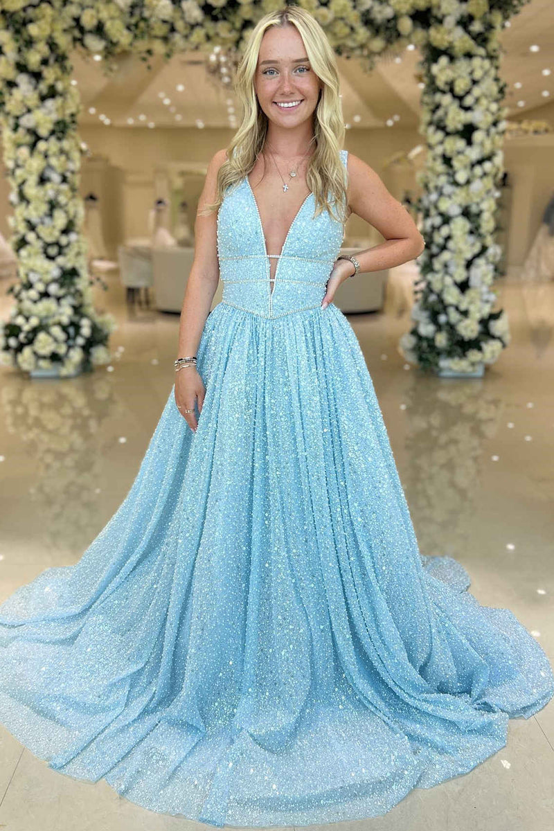 Sky Blue Evening Dress, Bridesmaid Long Dress, Beaded Ball Gown
