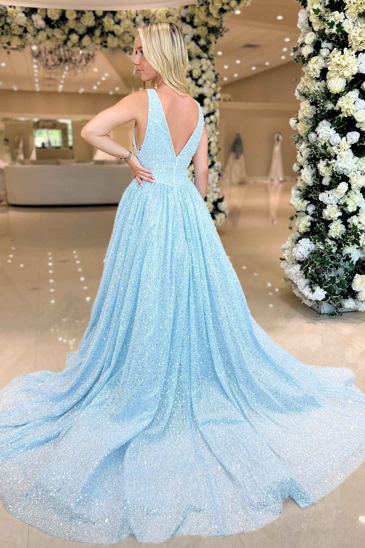 Plunging Neck Light Blue Beaded A Line Formal Dress