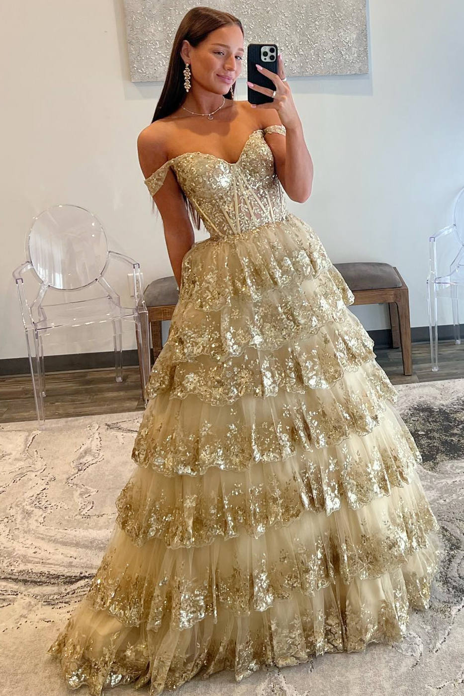 Lace Up Gold Off the Shoulder Corset Tiered Ball Gown