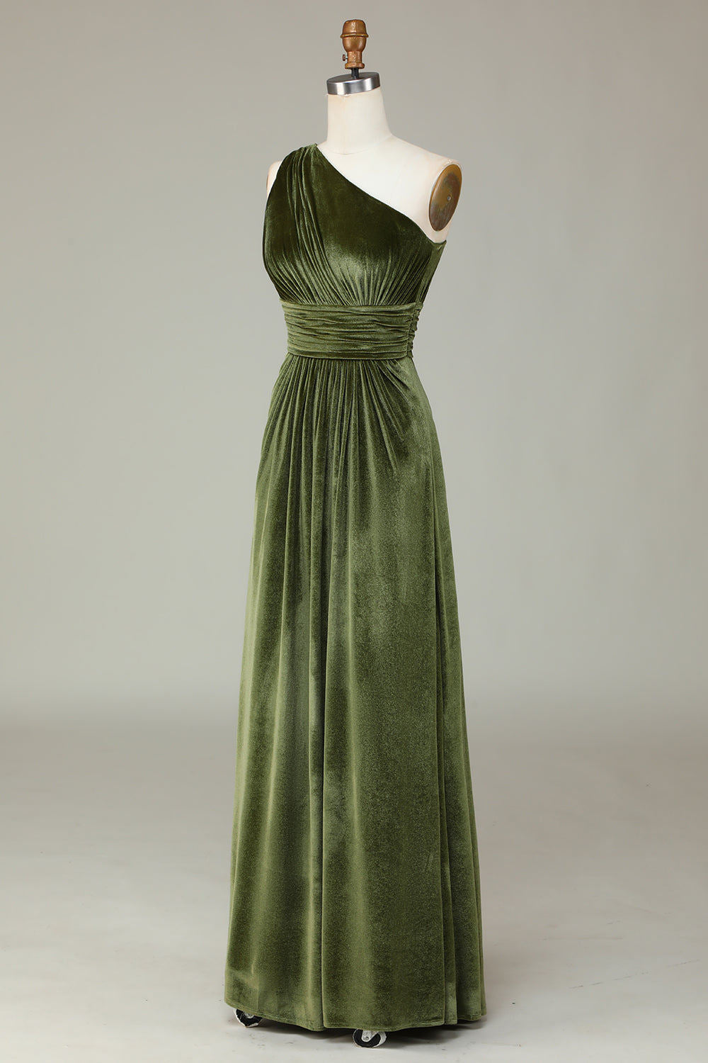 One Shoulder Olive Green Pleated Velvet Bridesmaid Dress